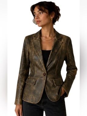 Wilsons Leather Pelle Studio Brown Button Up Jacket Sz M Distressed Vintage